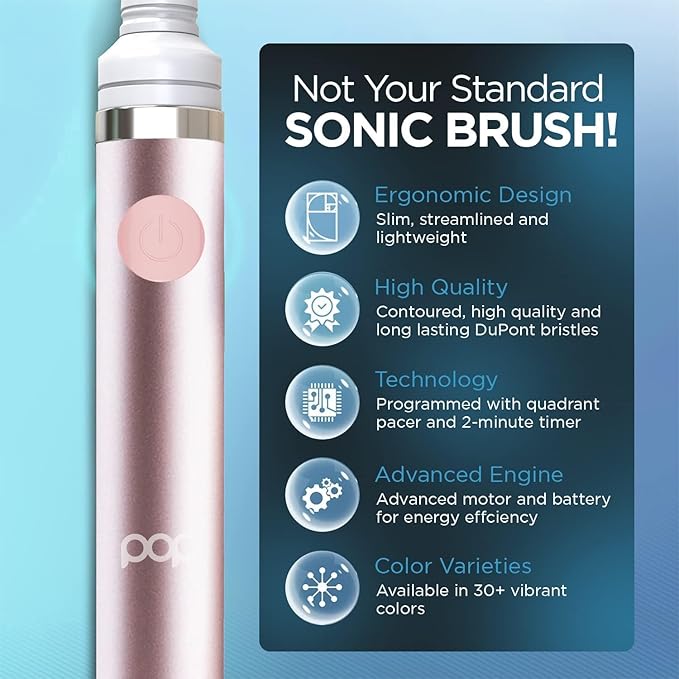 2-Pack Pop Sonic Electric Toothbrush (Metallic Rose) - Travel Toothbrushes w/AAA Battery | Kids Electric Toothbrushes with 2 Speed & 15,000-30,000 Strokes/Minute, Dupont Nylon Bristles