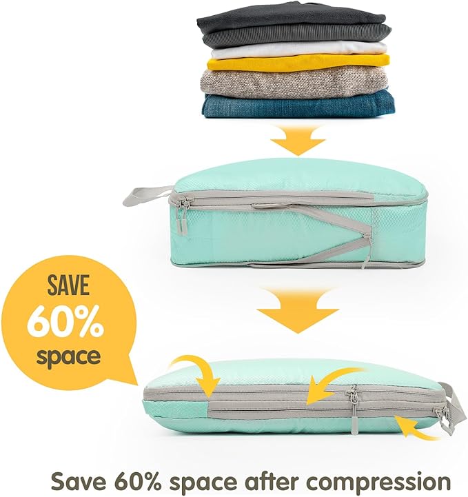 Compression Packing Cubes 6 Set, Dual Zipper Compression Packing Cubes for Travel, Space-Saving Packing Bags for Suitcases, packing cubes with shoe bag
