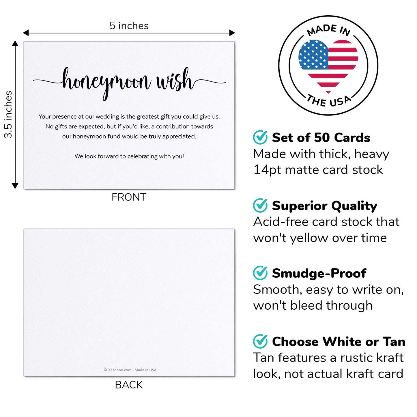 321Done Honeymoon Wish Cards, Made in USA - White, 3.5x5 Small - No Gifts Request Wedding, Invitation Insert, Enclosure Card, No Gifts Please, Wishing Well, Honeymoon Fund - Set of 50