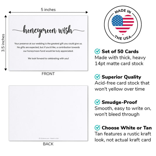 321Done Honeymoon Wish Cards, Made in USA - White, 3.5x5 Small - No Gifts Request Wedding, Invitation Insert, Enclosure Card, No Gifts Please, Wishing Well, Honeymoon Fund - Set of 50