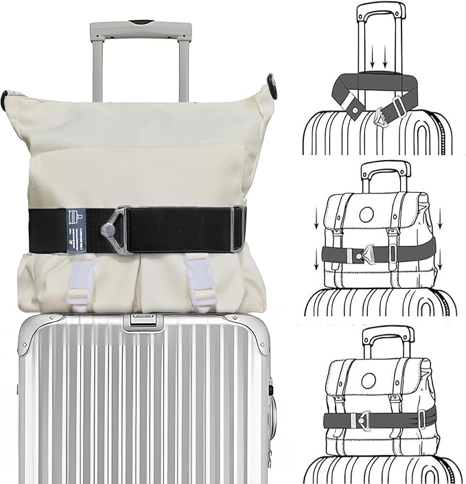 2-in-1 Travel Belt for Luggage Over Handle, Luggage Belt for Carry on Bag, Suitcase Straps, Add a Bag Bungees Luggage Straps Adjustable with Alloy Buckle,Hands-Free for Airport (Black, 1 Pack)