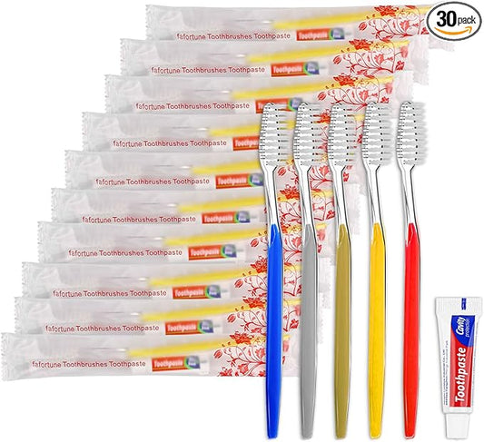 30 Pack Disposable Toothbrushes with Toothpaste (5 Colors)
