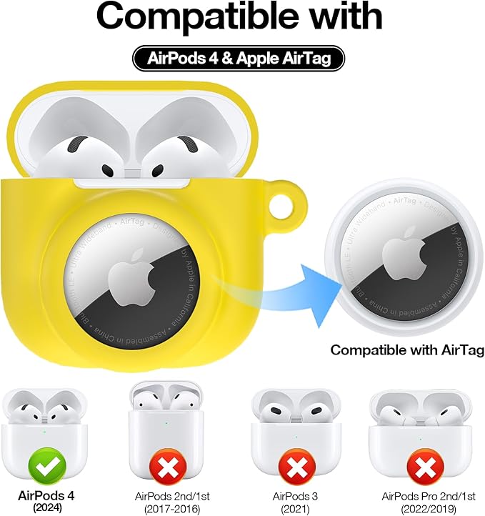2 in 1 Silicone Case Compatible with AirPod 4 and AirTag, Shockproof Protective Skin Cover for AirPods 4th Generation with Cleaner Kit & Carabiner (Yellow)