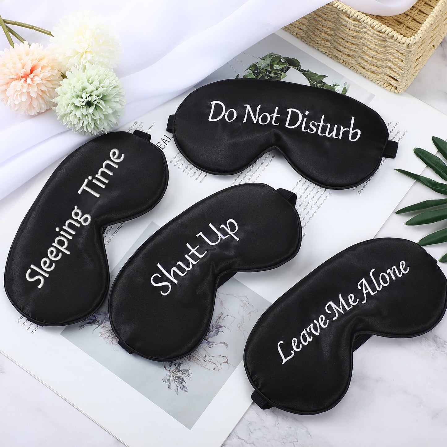 Geyoga 4 Pieces Funny Eye Mask for Sleep Soft Satin Eye Mask Blackout Blindfold with Adjustable Strap Silk Cover Out Lights for Women Men Travel, Nap, Meditation (Black with Black Words)