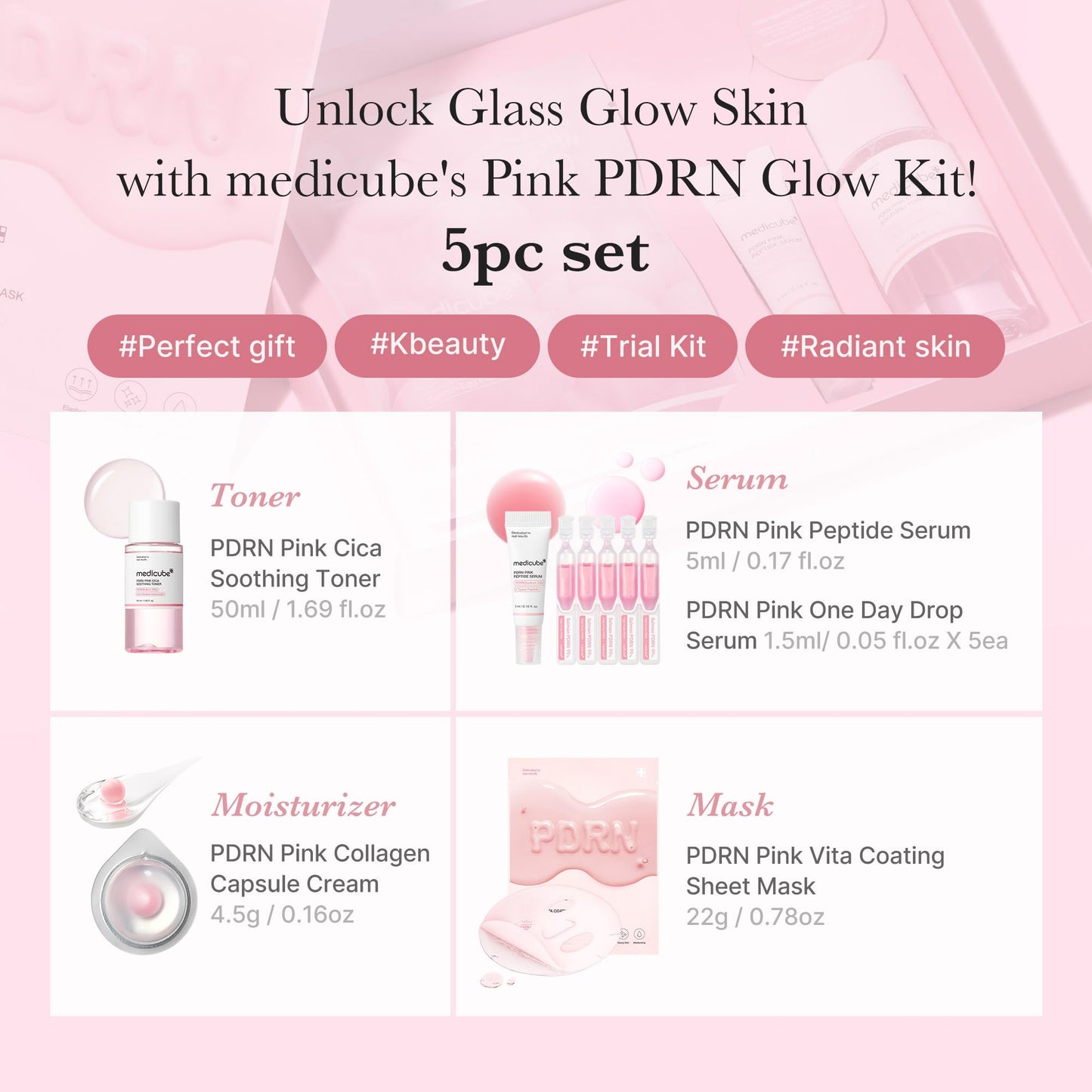 medicube Salmon DNA PDRN Trial Kit | Glass Glow Mini Skincare Set with Toner, Serum & Sheet Mask for Hydrating, Firming, Moisturizing |Gift & Travel Essentials for Women & Girls | Korean Skincare