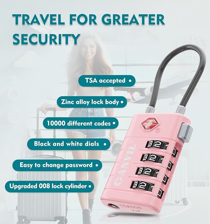 ANVIL 4 Digit Luggage Locks, TSA Locks for Luggage, Advanced TSA008 core, Alert Indicator for Your Travel Lock, Suitcase Lock. (3, Pink)