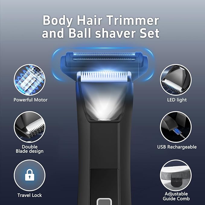 Body Trimmer for Men, Groin & Body Hair Trimmer, Ball Foil Shaver, Nose Hair Clippers, 3 in 1 Men's Waterproof Wet/Dry Groomer with Travel Case &Travel Lock, LED Display, Black