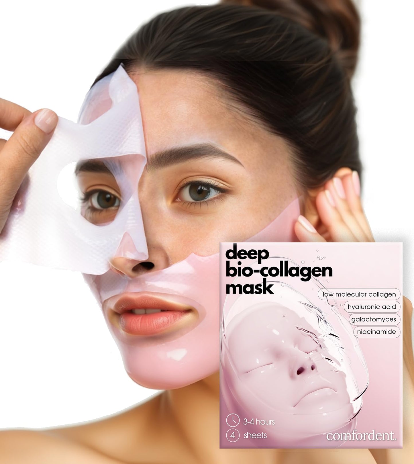 Bio Collagen Intense Hydrogel Melting Face Mask with Hyaluronic Acid, Galactomyces & Niacinamide for Deep Overnight Hydration and Skin Revitalization, 4 Sheet Masks, Pink