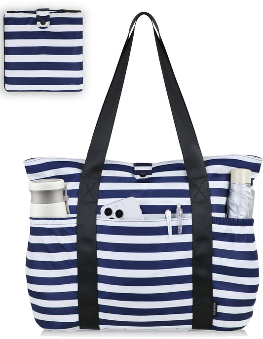 Buringer HOMESPON Large Foldable Beach Tote Bag for Women with Zipper Waterproof Handbag for Travel Shopping Gym Vacation (Blue Stripe)