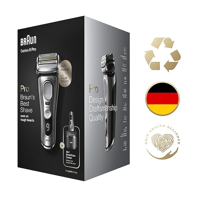 Braun Electric Razor for Men, Series 9 Pro 9465cc Wet & Dry Electric Foil Shaver with ProLift Beard Trimmer, Cleaning & Charging SmartCare Center, Head Shavers for Bald Men, Noble Metal