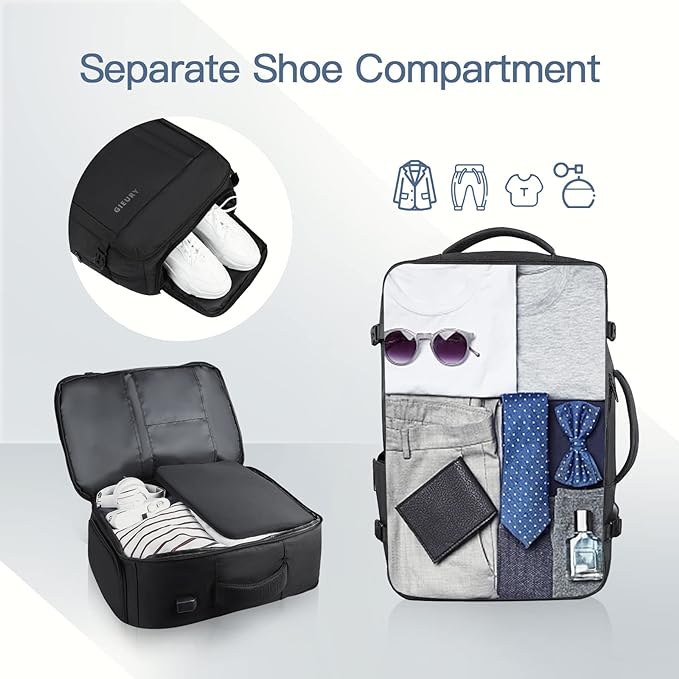 Carry On Backpack, 50L Travel Backpack, Luggage Backpack TSA Flight Approved Laptop Backpack for Men & Women, Large Expandable 40L Daypack Lightweight Business Weekender Bag, Black