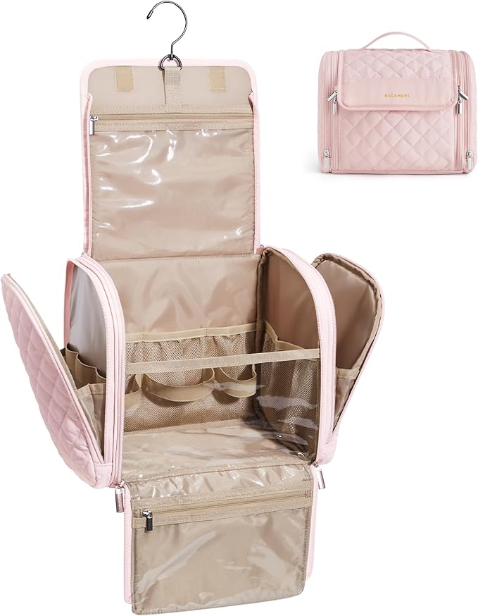 BAGSMART Travel Toiletry Bag, Large Capacity Cosmetic Bags for Women with Hanging Hook, Water-resistant for Toiletries Accessories Brushes Sponge, With Handle