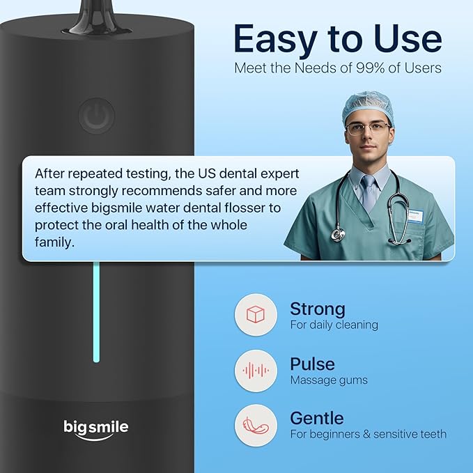 Bigsmile Black Water Flosser Cordless Portable Dental Irrigator Travel Shower Strong Pick Floss IPX7 200ML Must Have for Kids Braces Bridges (Black