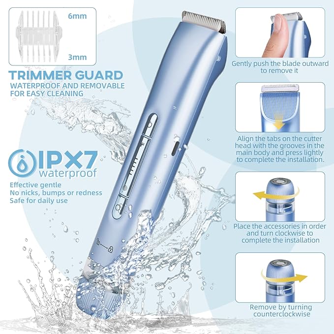 Bikini Trimmer for Women,Dual Head Shaver, IPX7 Waterproof, Compact Travel Design Bikini Shaver for Public Hair, Facial and Body(Blue)
