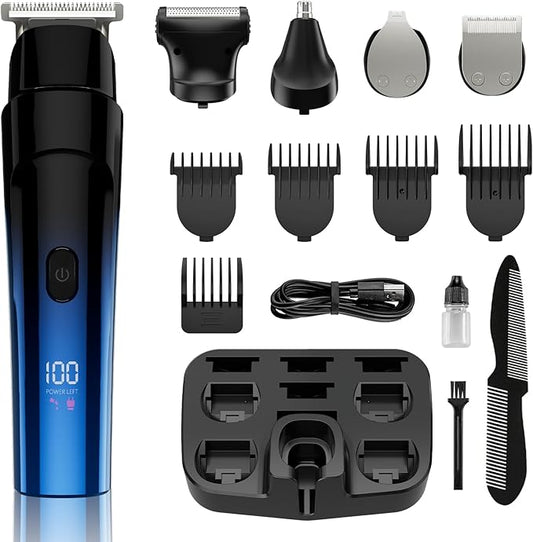 Beard Trimmer for Men, 5-in-1 Cordless Hair Clipper Kit with Foil Razor, Waterproof Body, Nose & Ear Groomer, Precision Trimming for Beard, Hair & Body Care (Blue)