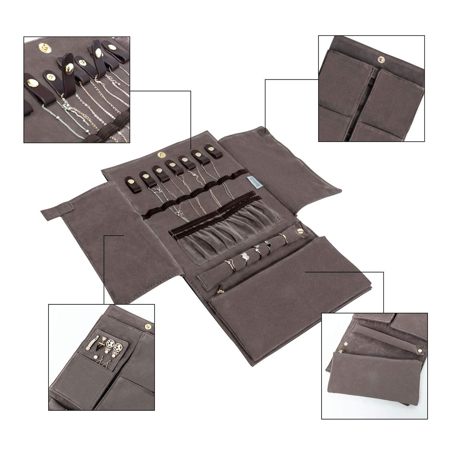 Becko US Jewelry Organizer Roll Travel Jewel Bag case for Multiple Necklaces, Rings, Bracelets, Supple Leather & Suede, Large Capacity Without Crease, Lightweight, Portable & Practical (Dark Blue)