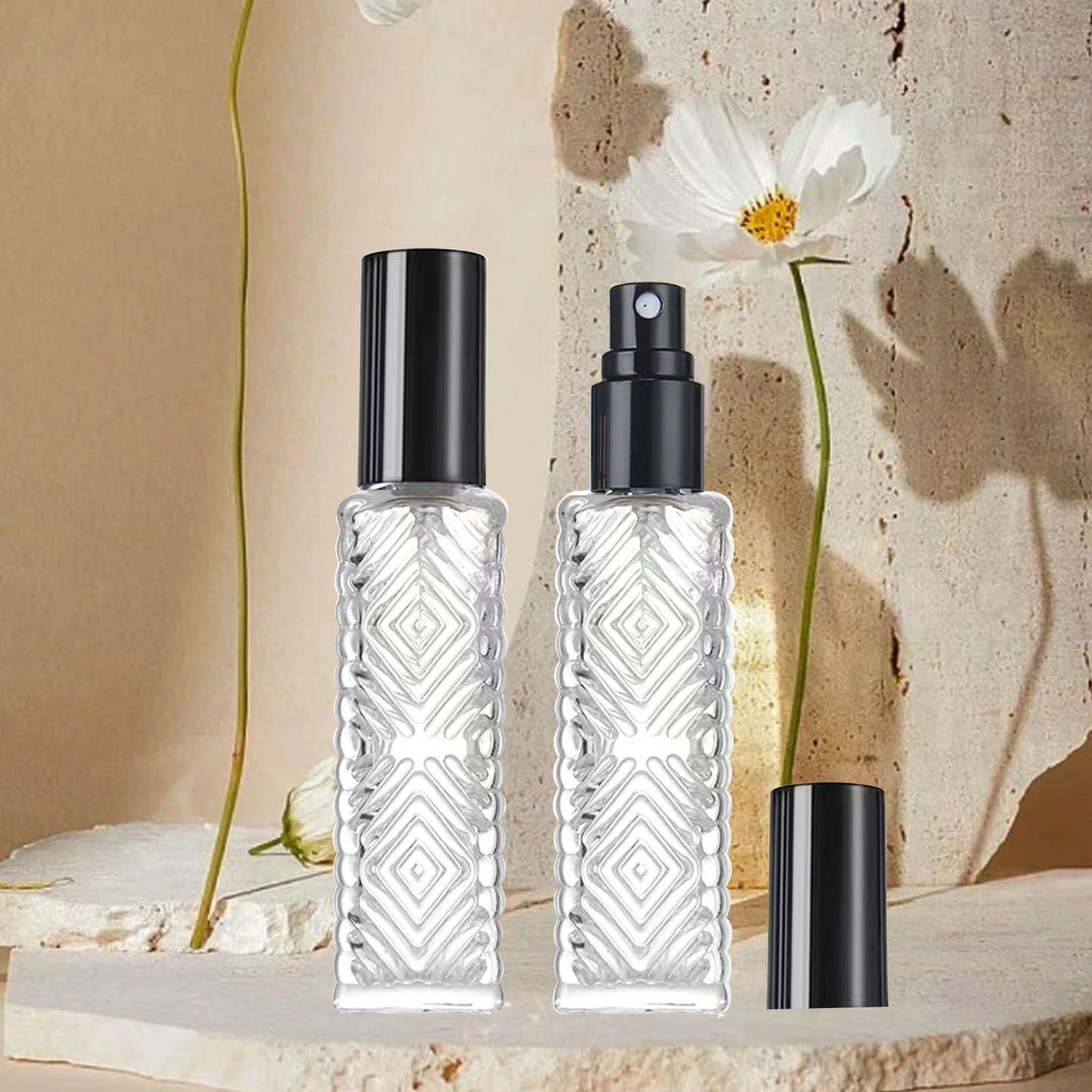 AGENIZ 8-Piece Mini Atomizer Set, Refillable Square Glass Bottles, Travel Essential Oil & Perfume Spray Bottles, with Dispenser (15ML/Black)