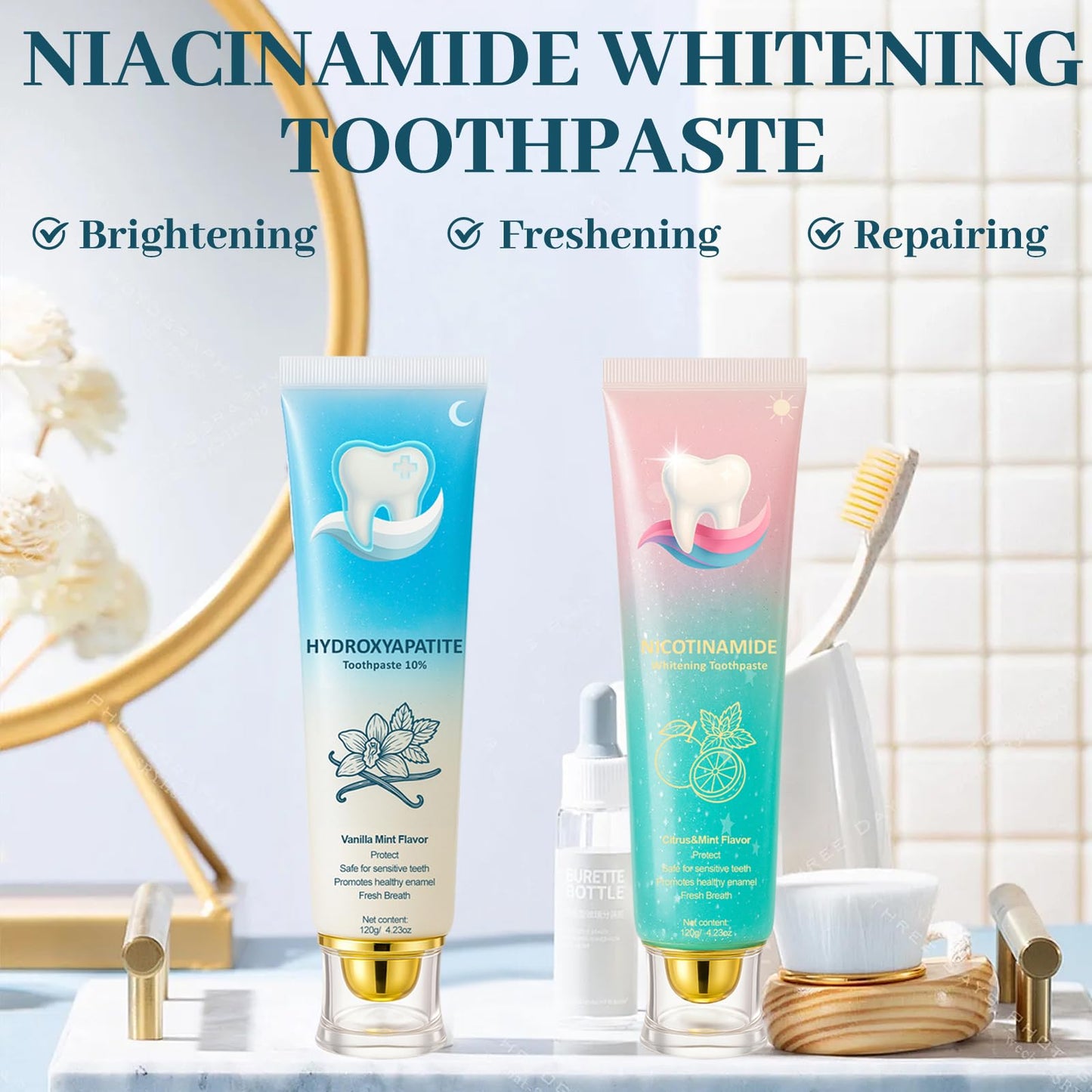 Hydroxyapatite Toothpaste 10% + Niacinamide Whitening Toothpaste - Enamel Repair & Sensitivity Relief, Nano Hydroxyapatite, Fluoride-Free for Gum Care & Fresh Breath, Teeth Whitening