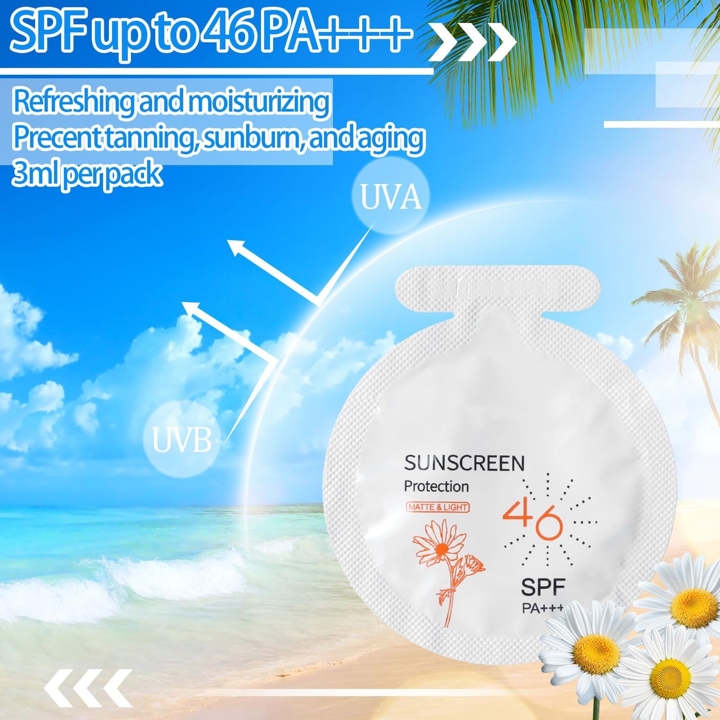 Heigble 50 Pcs Sunscreen Bulk Mini Travel Size Sunscreen Packets SPF 46+ Summer Party Gifts for Women Girl