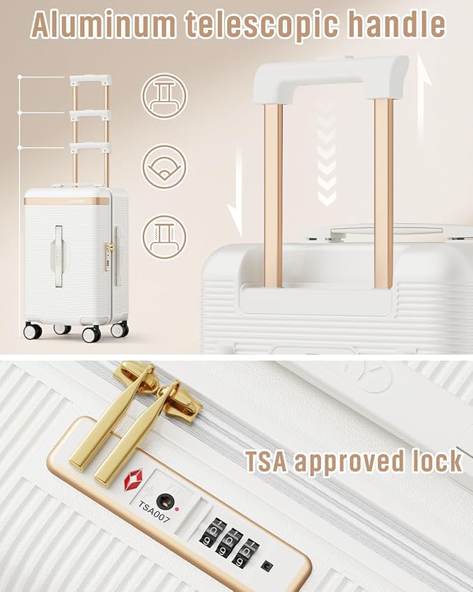 Joyway 22 Inch Carry on Luggage with Cup Holder, Hard Shell Suitcases with Shock Absorbing Spinner Wheels and Pressure-resistant Frame, Lightweight Carry-on Luggage with TSA Lock, Beige