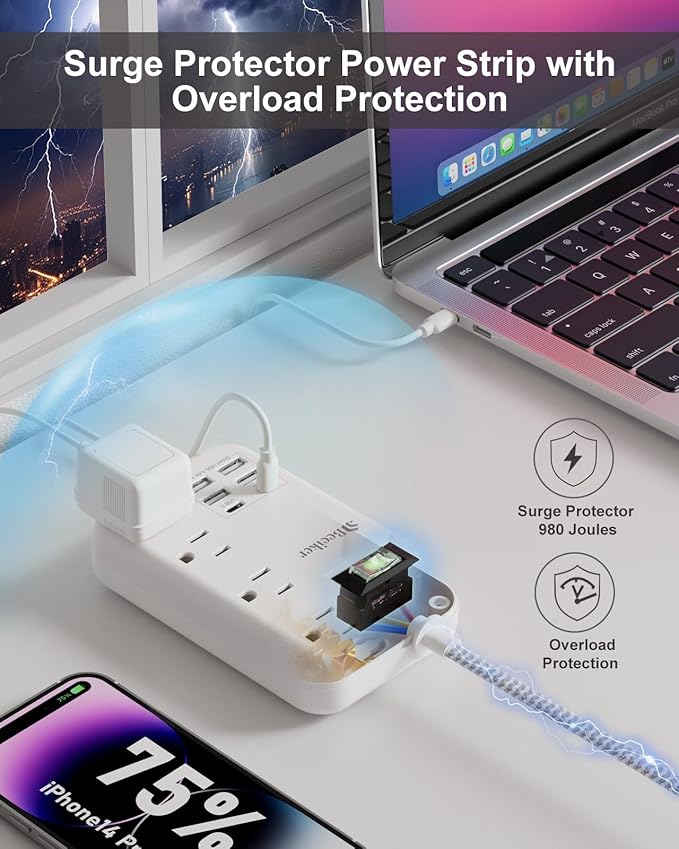 6 USB(2 USB C) Surge Protector Power Strip- 15 Ft Extension Cord with 6 USB Charging Station and 4 Outlets, Flat Plug Long Braided Extension Cord with Multiple Outlets Wall Mount for Home Office Dorm
