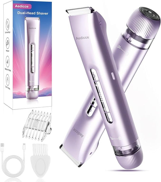 Bikini Trimmer for Women 2 in 1, Dual Head Womens Electric Shaver, Electric Razors for Pubic Hair, IPX7 Waterproof Rechargeable Facial Hair Removal for Shaving Underarm Leg Arm Body Face, Purple