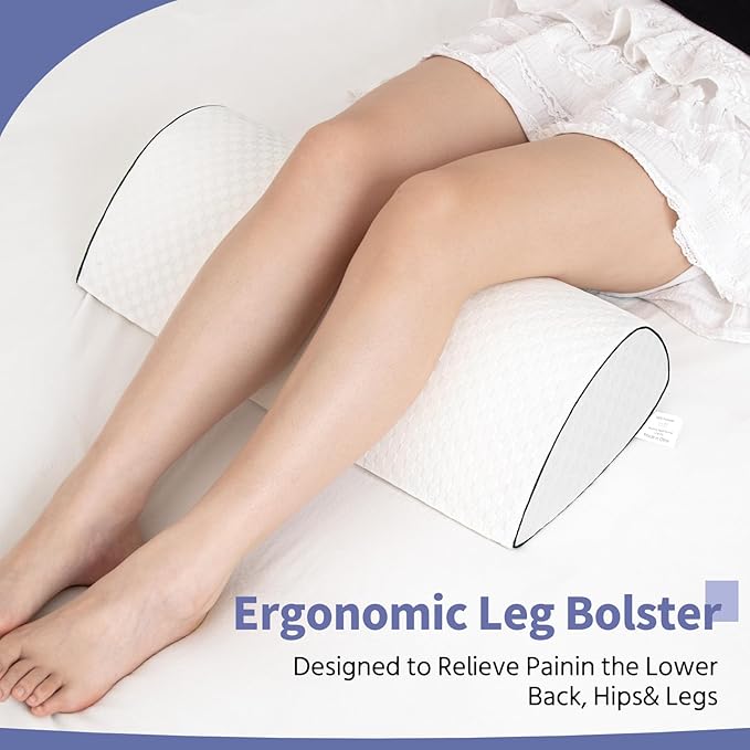 Knee Pillow for Back Sleeping – Ergonomic Memory Foam Cushion for Hip & Back Pain Relief – Under Knee Pillow for Spinal Alignment – Support for Side Sleeping, Machine Washable Cover (White)