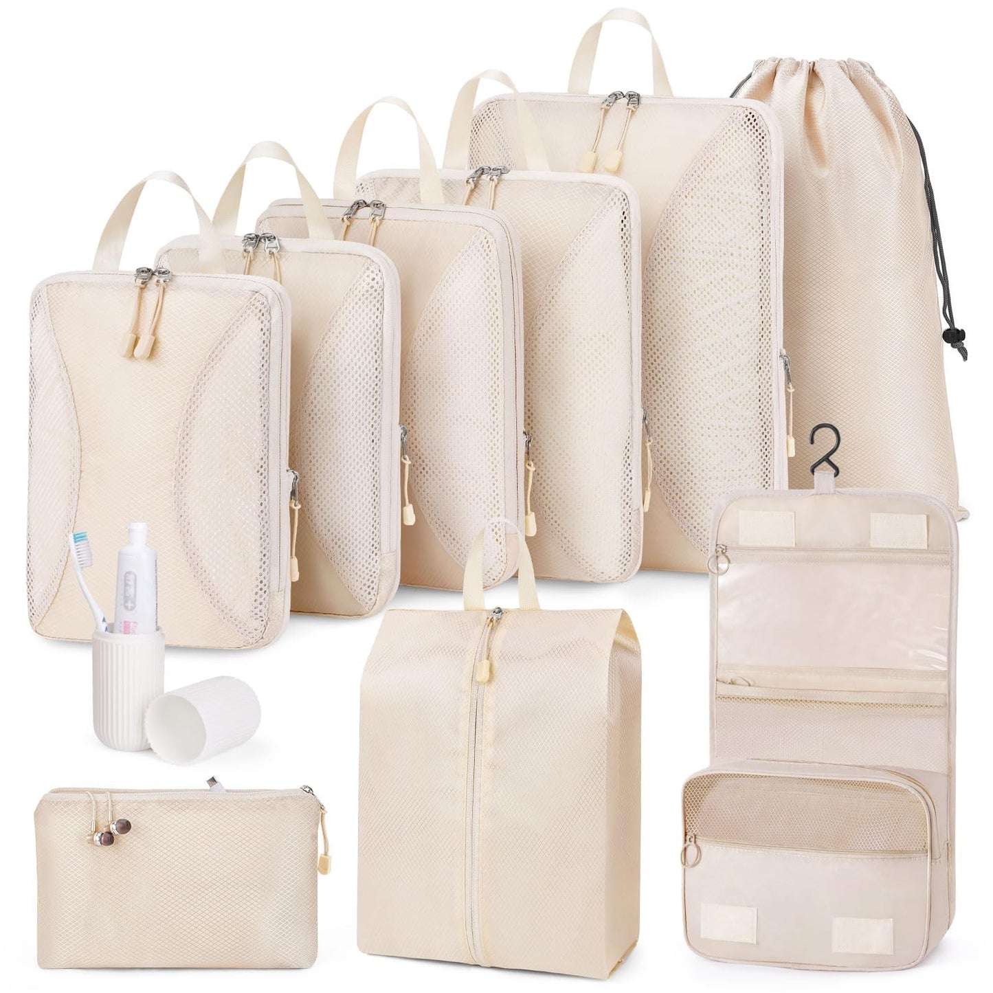 Compression Packing Cubes 10 Sets, Packing Organizers, Extensible Suitcase Organiser Bags, Travel Organizer Cubes for Travel Essentials Beige