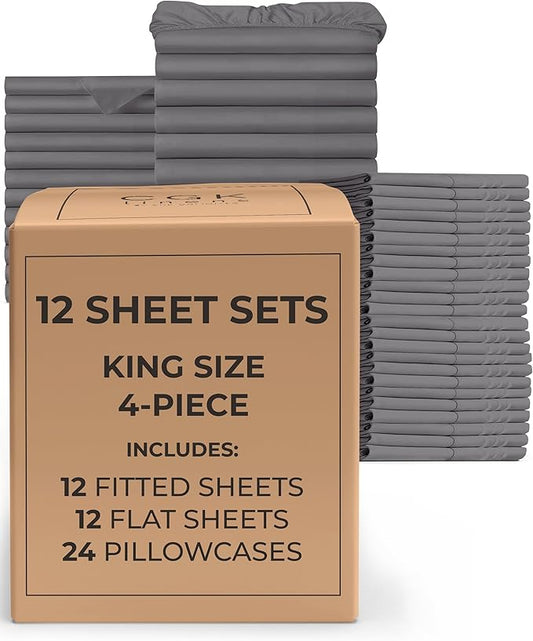 Bulk Case Pack of 12 Sheet Sets - (12) Complete Sheet Sets - Bulk King Bedding - Wholesale Case Pack for Hotels, Spa & Airbnbs - Deep Pockets & Wrinkle Free - Cooling & Breathable - King, Dark Grey