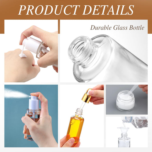 Qiyaz 11 Pcs Glass Travel Bottles with Clear Hard Zipper Case Skin Care Containers Travel Size Mini Makeup Containers Tsa Approved with Pump Spray for Liquid Toners Serum Cream(Gold,Style 1)