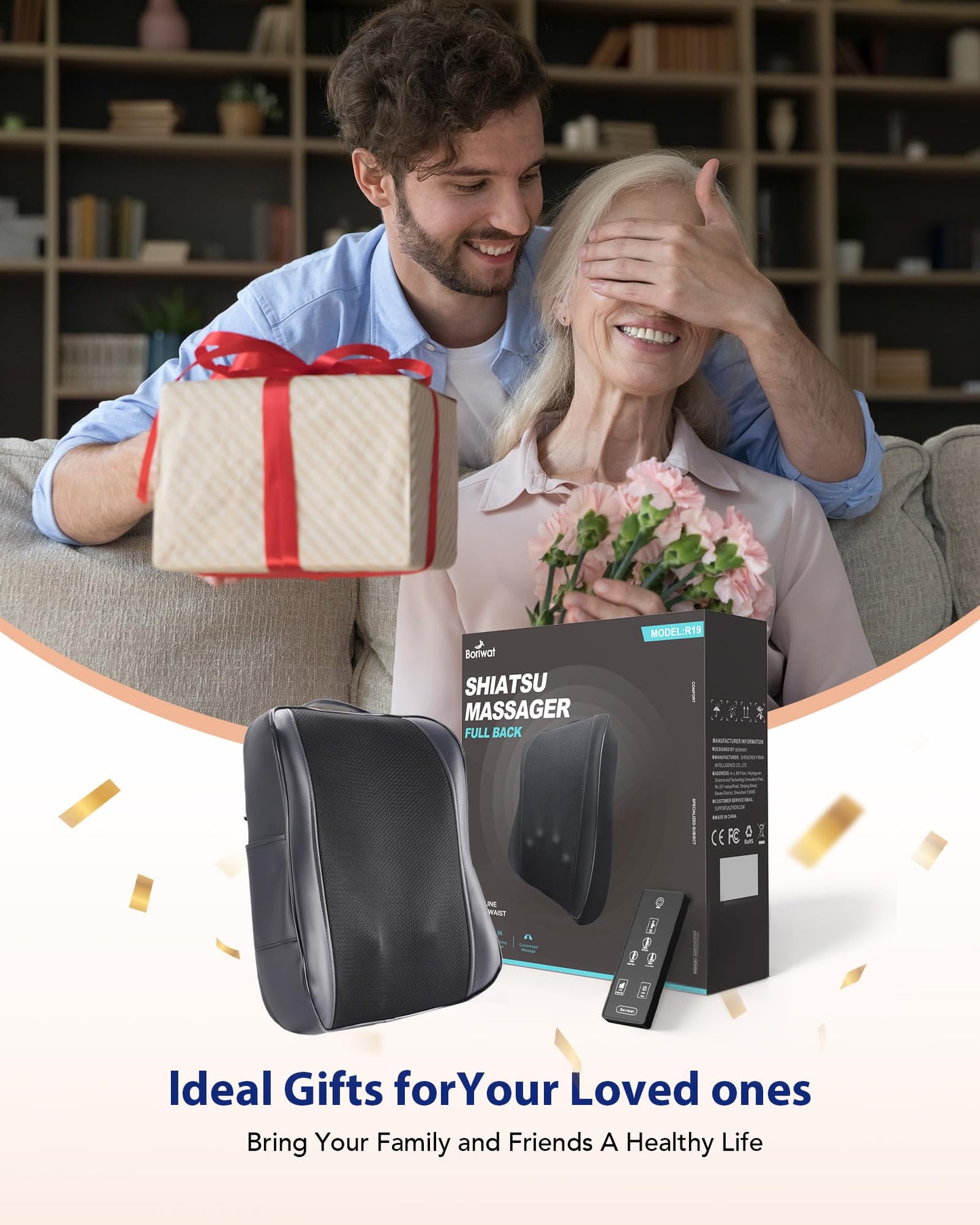 Boriwat Back Massager with Heat, Shiatsu 4D Kneading Rolling Up and Down Back Massage for Pain Relief Deep Tissue, Track-Guided Lower Back Massager for Lumbar, Shoulder, Gifts for Women Men Mom Dad