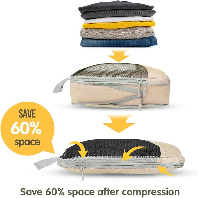 Compression Packing Cubes 8 Set, Dual Zipper Compression Packing Cubes for Travel, See-Through Mesh Packing Bags for Suitcases, packing cubes with shoe bag (Beige)