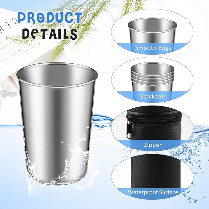 3 Set/12Pcs 170ml Stainless Steel Cups with Storage Bag Metal Drinking Cups Stackable Water Tumblers for Bar Home Travel Office Outdoor Camping,4 Pcs/Set,Dishwasher Safe