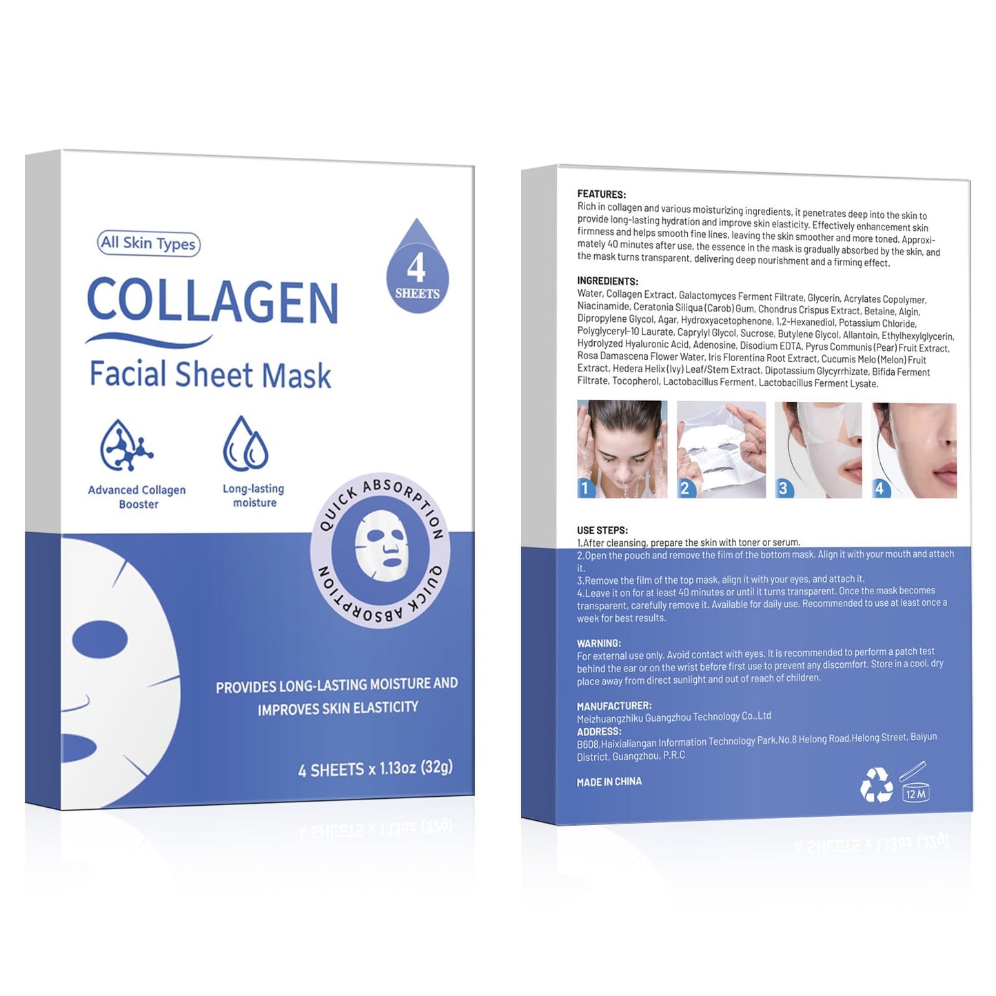 Collagen Face Mask 4-Pack Bio-Collagen Real Deep Overnight Mask for Women’s Skincare Deep Hydration & Pore Tightening Facial Mask