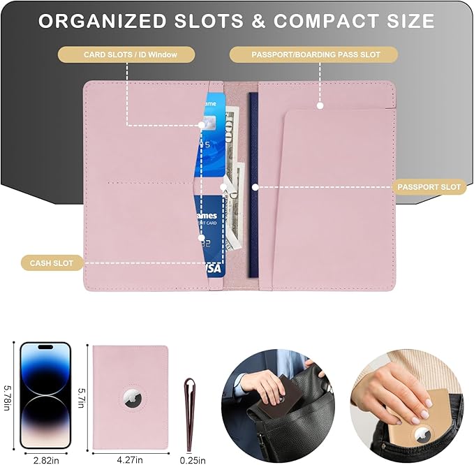 Airtag Passport Holder for Women Men Travel, Real Leather Passport Wallet, Handmade Passport Cover Case with Airtag Slot, Travel Must Haves Essentials Accessories Birthday Gift(Crazy Horse,Light Pink)