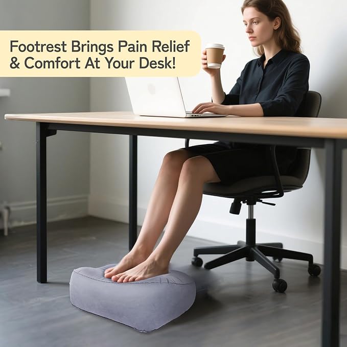 Inflatable Foot Rest for Airplane Travel & Office, Portable Leg Rest Pillow, Elevating Feet for Economy Flight, Home Desk, Car Use - Grey