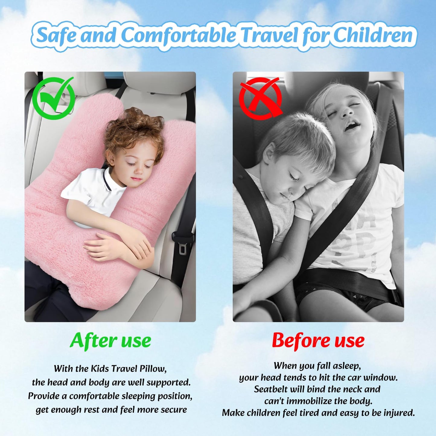 Travel Pillow, Car Pillow for Kids & Adults - Ergonomic Travel Pillows Sleeping Aid for Neck & Body Support, Car Travel Essentials Pillow on Road Trips-Pink