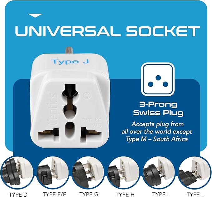 Ceptics Switzerland Travel Plug Adapter (Type J) - 3 Pack [Grounded & Universal] (GP-11A-3PK)