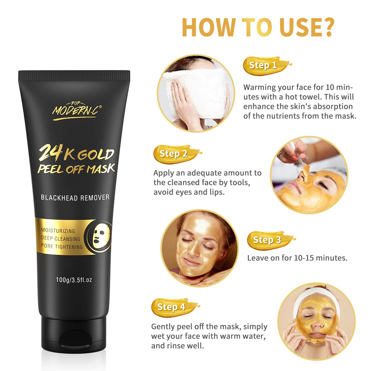 Blackhead Remover Mask, 24K Gold Peel Off Mask, Gold Facial Mask Anti-Aging, Deep Cleansing, Reduces Fine Lines＆ Wrinkles Great for All Skin, With Blackhead Remover Extractor Tools Kit & Mask Brush