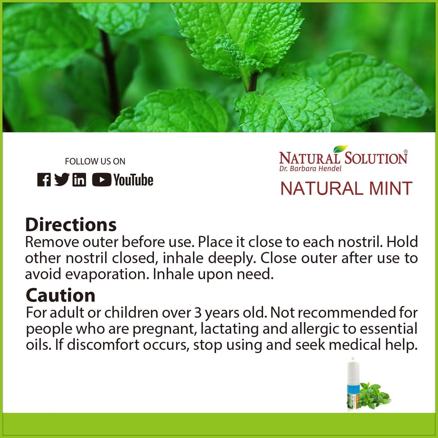 Natural Solution Salt Nasal Inhaler, Aromatherapy with Organic Mint Oil, Congestion, Refreshing and Relaxing Sinus Pressure Relief, 0.068oz | Pack of 3