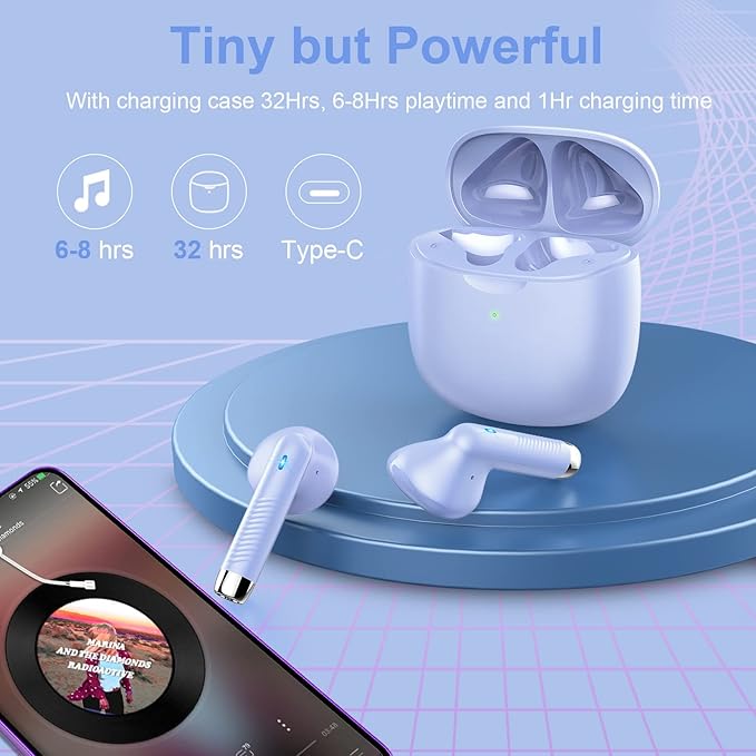 Jxrev Wireless Earbuds, Bluetooth 5.3 Headphones in Ear with Noise Cancelling Mic, Earbuds Stereo Bass, IP7 Waterproof Sports Earphones, 32H Playtime USB C Charging Ear Buds Purple for Android iOS