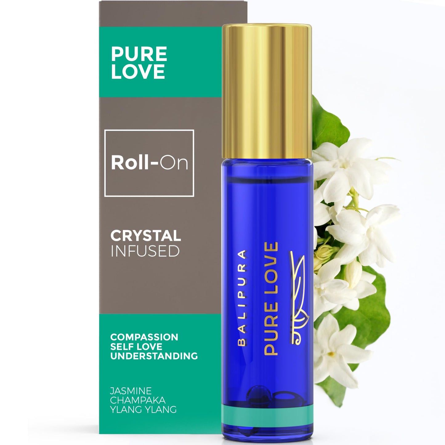 BALIPURA - Pure Love Crystal Aura Roll On - Jasmine Essential Oil with Love Rose Quartz Crystals - Essentail Oils for Body - Calming Essential Oils Roll On - Valentines Day Gift for Women - 0.34 floz