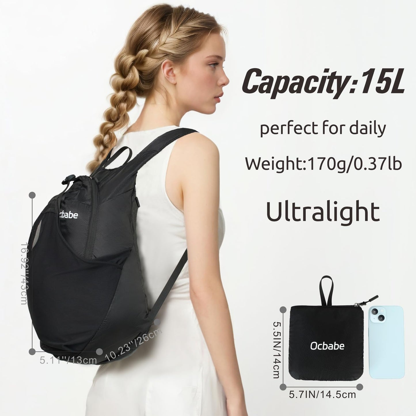 Ocbabe 15L Small Packable Lightweight Backpack Hiking Daypack Water Resistant Foldable Outdoor Camping Travel Bag for Women Men Black