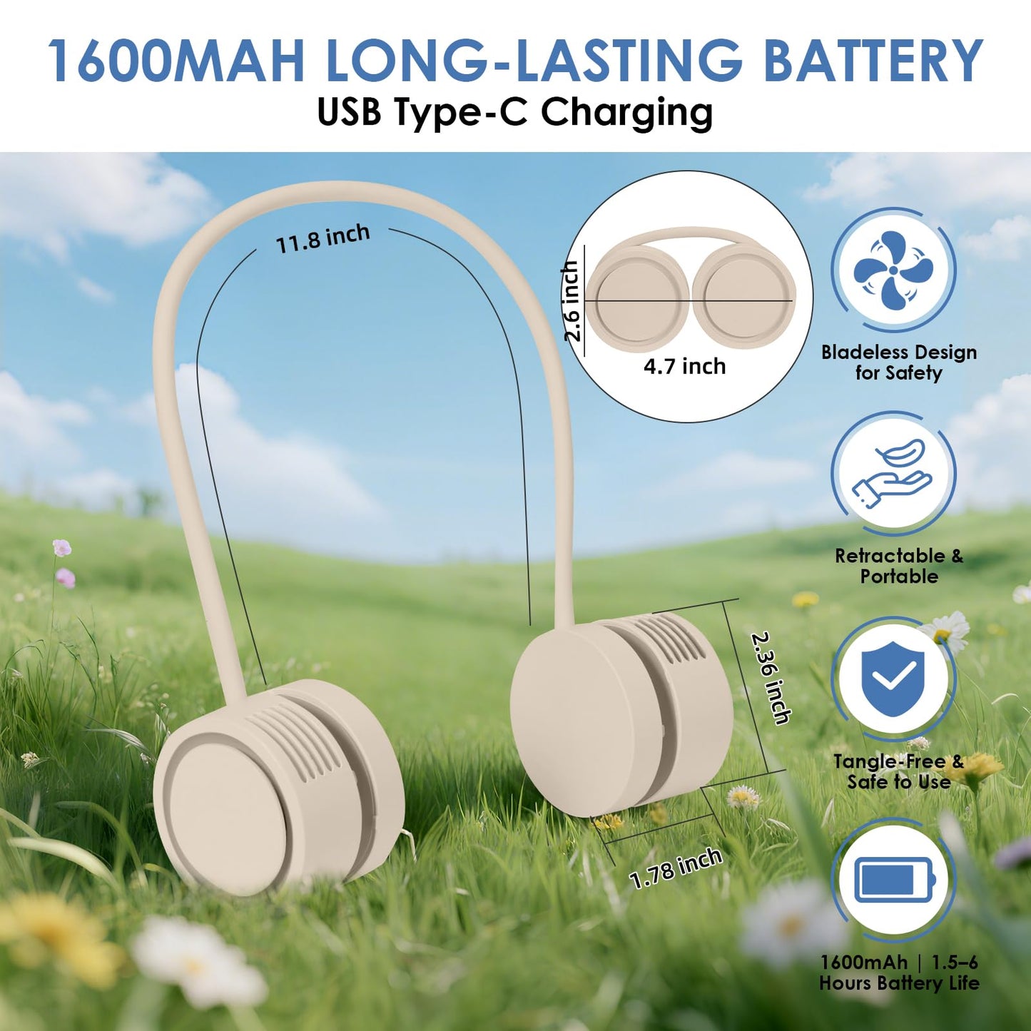 ZEMIRO CHARGE Neck Fan, Portable Bladeless Wearable Fan with 360° Airflow, 3 Speeds, 1600mAh Rechargeable Battery, Quiet Foldable USB Personal Fan for Men, Women, Outdoor, Travel, Gift