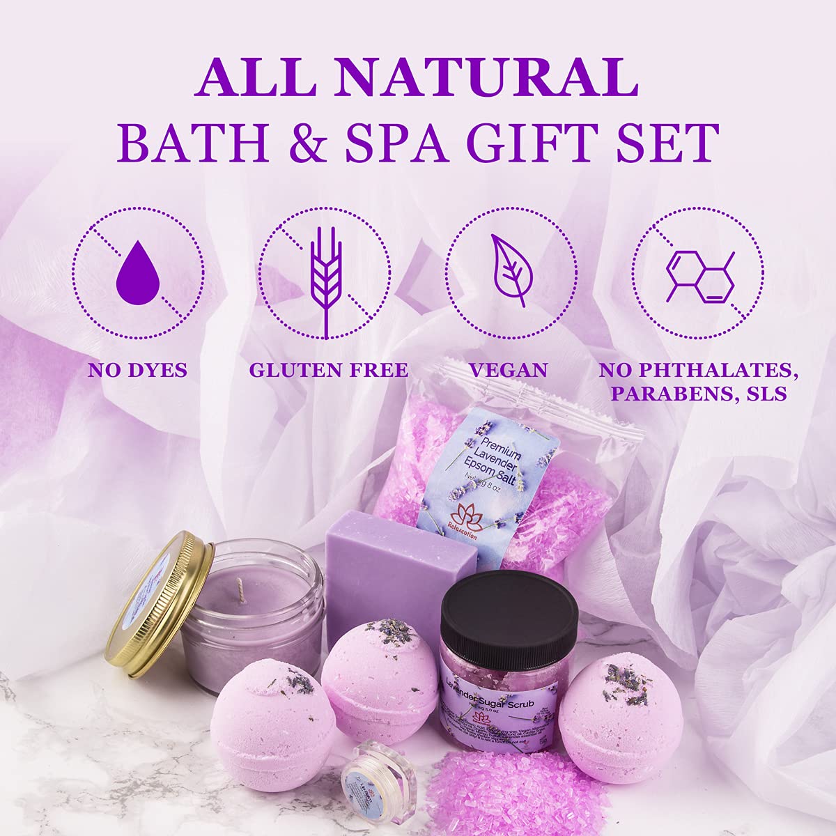 Gift Basket for Women Organic Lavender Gift Set, Bath and Body at Home, Spa Kit, Soy Wax Candle, Natural Oil Bath Salt, 3 Bath Bombs, Soap Bar, Body Sugar Scrub, for Mom, Girls - Made in USA