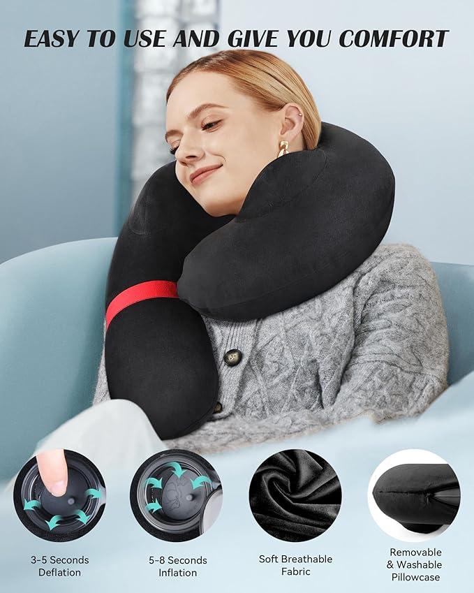 Inflatable Neck Pillow for Travel, Travel Pillow Support Head and Neck, Travel Neck Pillow for Airplane,Train,Car,Office,Home,Washable Cover (Black)
