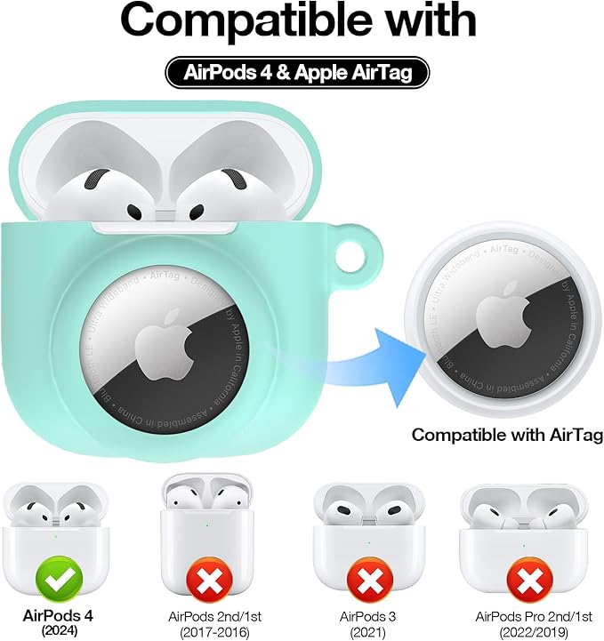 2 in 1 Silicone Case Compatible with AirPod 4 and AirTag, Shockproof Protective Skin Cover for AirPods 4th Generation with Cleaner Kit & Carabiner (Mint Green)