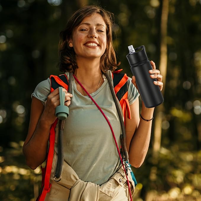 16 oz Insulated Water Bottle with Straw Lids, Stainless Steel Kids Water Bottles for School, Double Wall Vacuum Metal Water Bottle with Straw & Wide Mouth Lid, Black 8 Pack