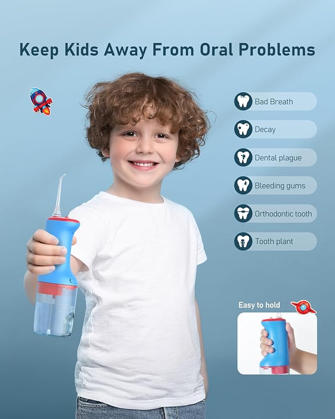 Kids Water Flosser Blue, Rechargeable Oral Irrigator for Kids Aged 6+, 4 Modes, 3 Jet Tips, Fun Stickers, Safe and Gentle Oral Care