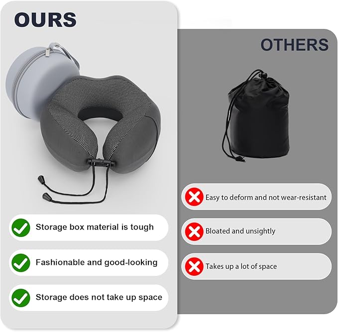 Travel Pillow Memory Foam Neck Pillow for Airplane Washable Silk Cover Ergonomic Neck Support Pillow with Storage Box